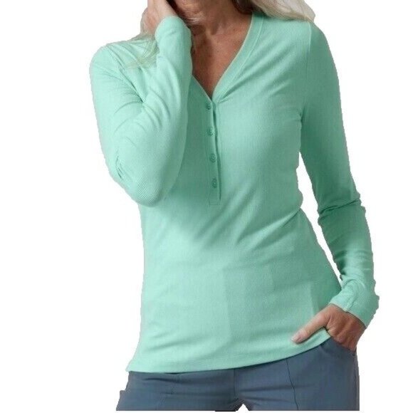 ATHLETA Women's Uptempo Ribbed Henley‎ Top / Shirt SIZE MEDIUM Green NWT - Picture 1 of 9